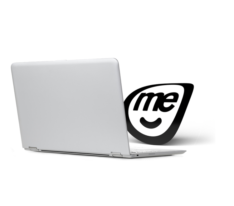 Silver laptop with ME Bank logo displayed behind it on a light circular background
