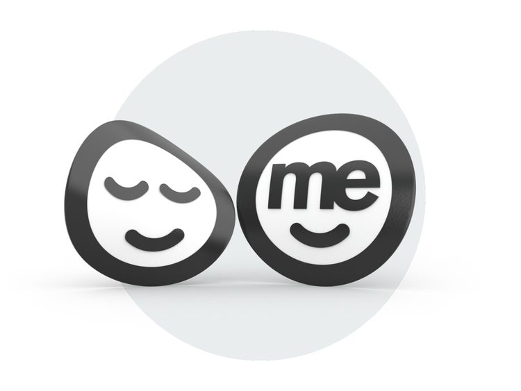 Two ME Bank brand icons side by side, one with closed eyes and one displaying the ME Bank logo