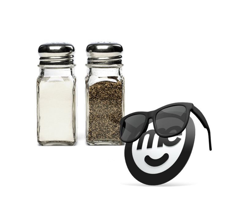 Salt and pepper shakers beside a ME Bank logo character wearing black sunglasses