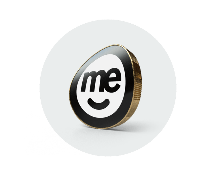 Coin-shaped ME Bank logo with a gold edge standing upright on a light background