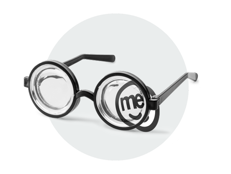 Round eyeglasses placed in front of a partially visible ME Bank logo character