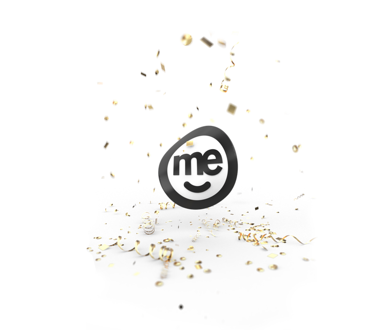 ME Bank logo surrounded by gold confetti and streamers in a celebration-themed graphic