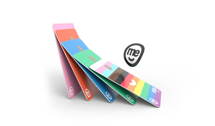 Range of colourful ME Bank Visa debit cards fanned out beside the ME Bank logo