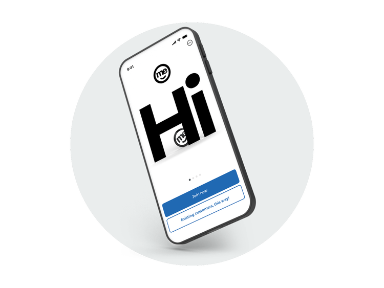Smartphone displaying the ME Go app welcome screen with sign up and login options