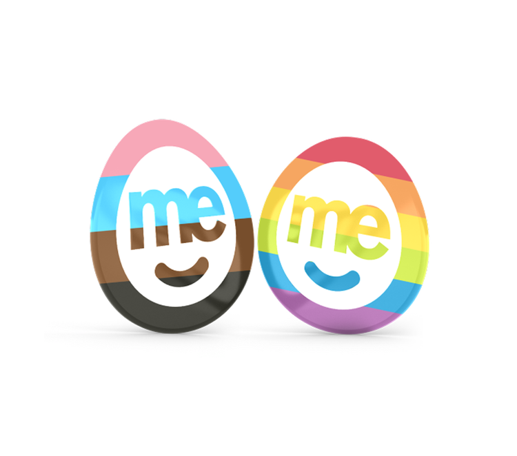 Two ME Bank logo icons featuring transgender and rainbow Pride flag colours