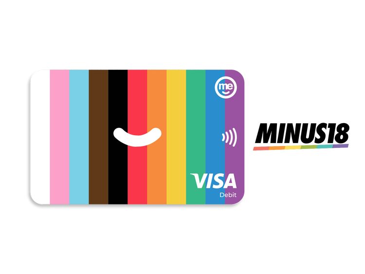 ME Bank Visa debit card featuring Progress Pride and transgender flag colours