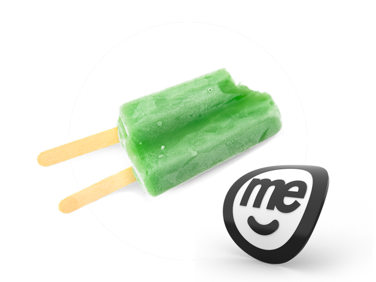 Green ice block beside the ME Bank logo on a light background