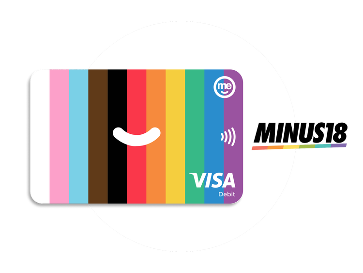 ME Bank Visa debit card featuring Progress Pride colours beside the MINUS18 logo