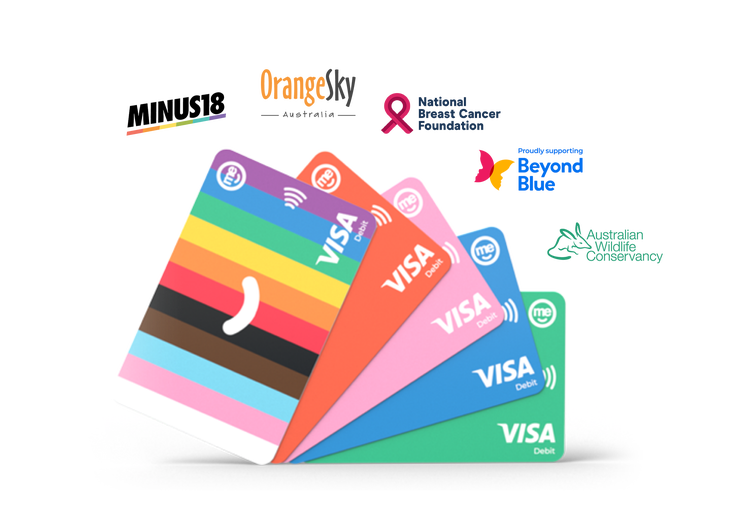 Range of ME Bank Visa debit cards highlighting community and charity partnerships