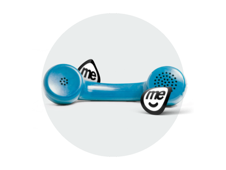 Blue telephone handset positioned between two ME Bank logo icons