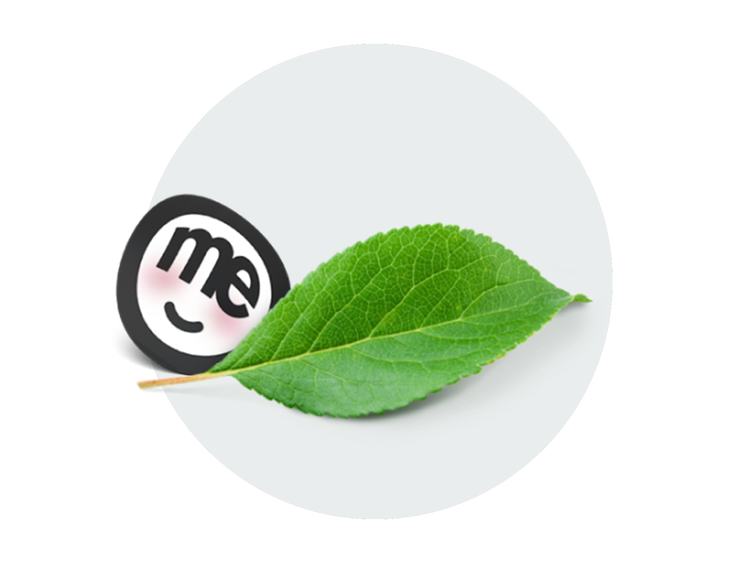 Green leaf beside a blushing ME Bank logo character on a light background