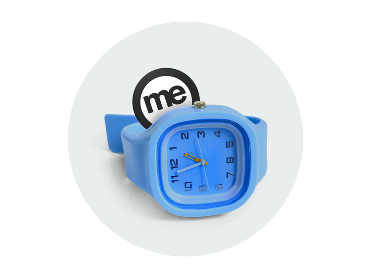 Blue wristwatch positioned in front of the ME Bank logo
