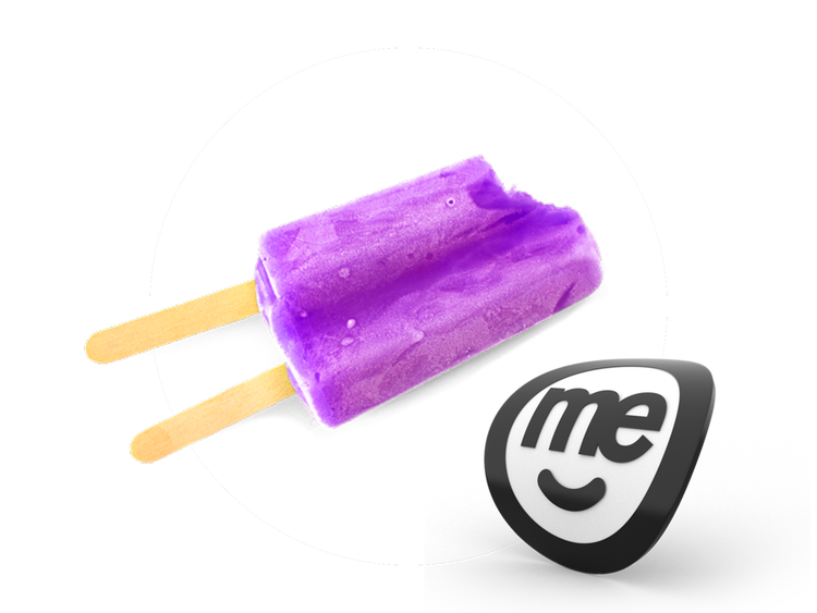 Purple ice block beside the ME Bank logo on a light background