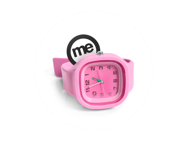 Pink wristwatch positioned in front of the ME Bank logo