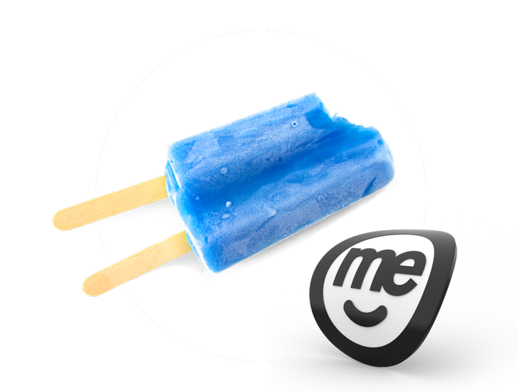 Blue ice block beside the ME Bank logo on a light background