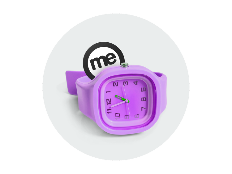 Purple wristwatch positioned in front of the ME Bank logo