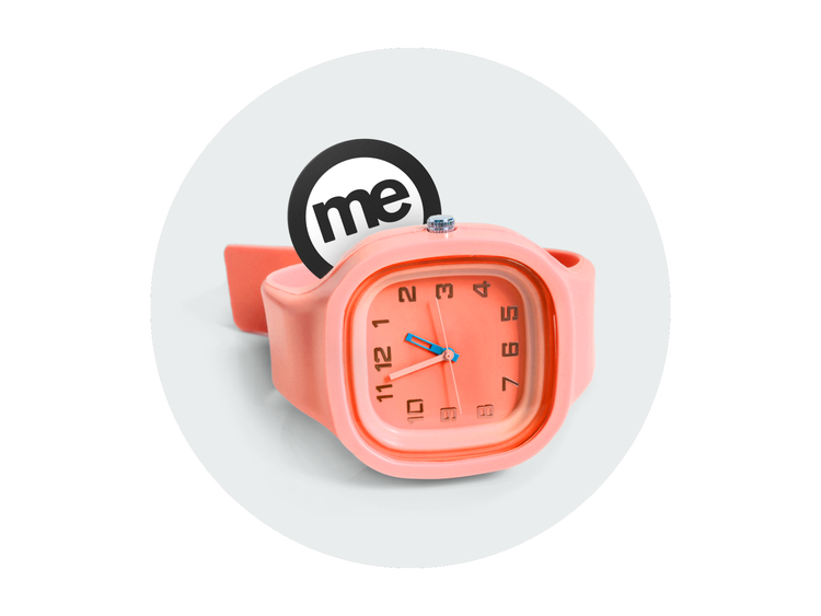 Coral wristwatch positioned in front of the ME Bank logo