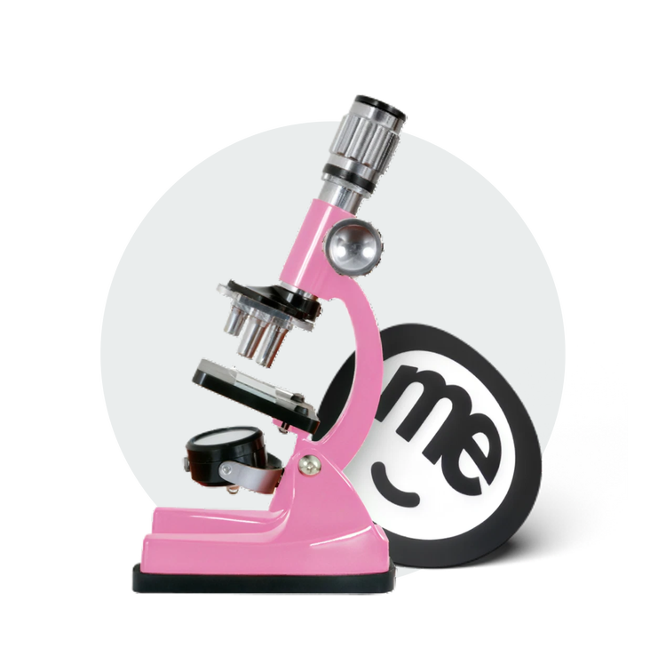 Pink microscope positioned in front of the ME Bank logo