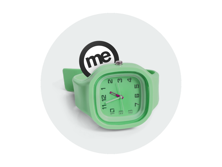 Green wristwatch positioned in front of the ME Bank logo
