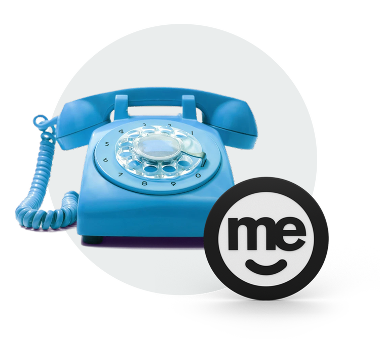 Blue rotary telephone displayed beside the ME Bank logo