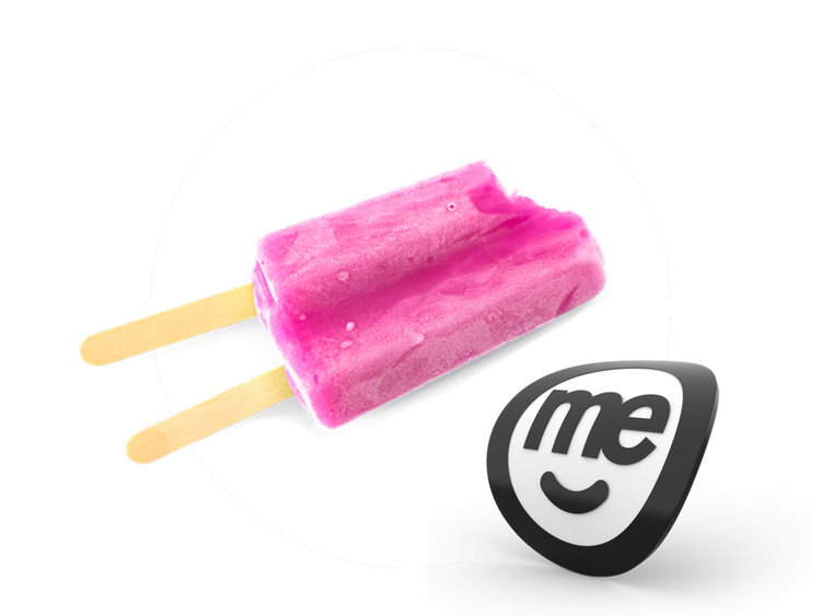 Pink ice block beside the ME Bank logo on a light background