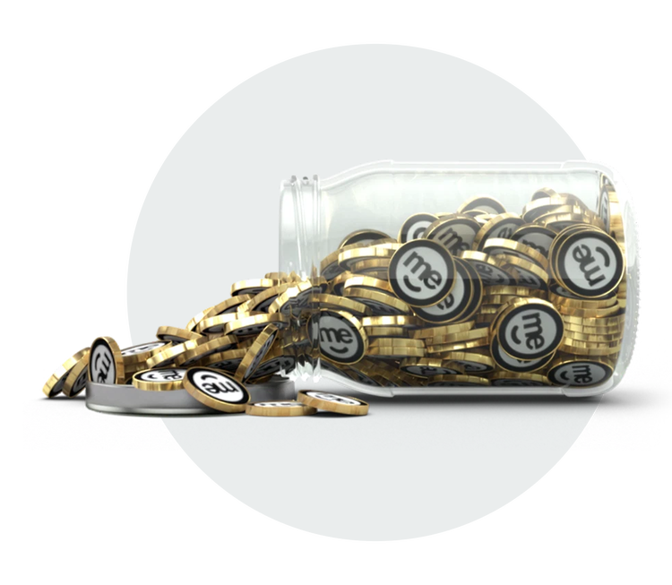 Jar tipped on its side spilling ME Bank branded coins