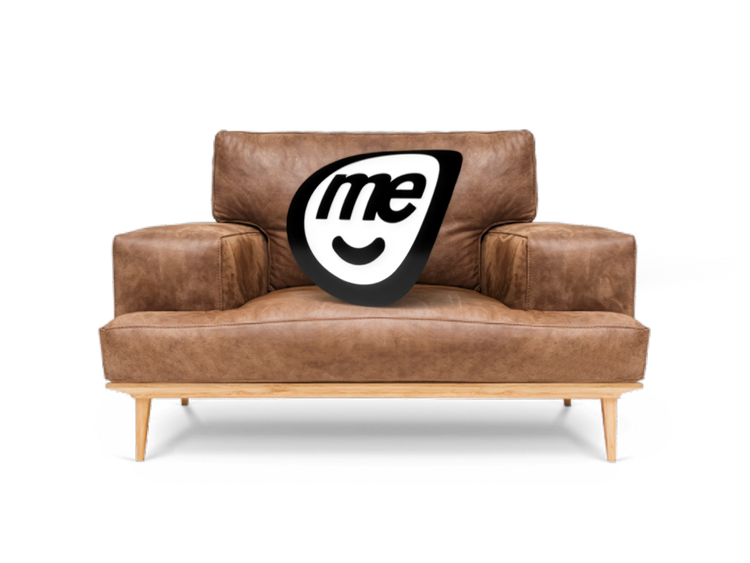 Brown leather sofa with the ME Bank logo positioned on the seat