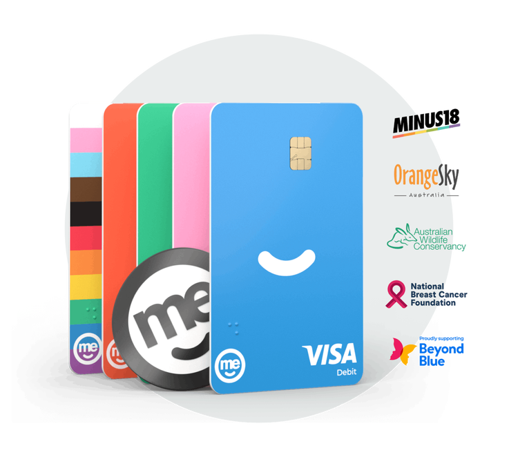 Range of ME Bank Visa debit cards highlighting community and charity partnerships