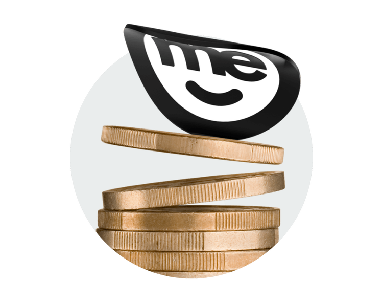 ME Bank logo balanced above a stack of gold coins
