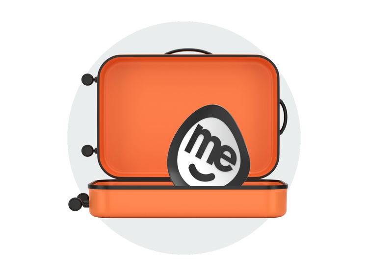 Open orange suitcase with the ME Bank logo inside