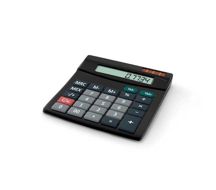 Black calculator with numeric keypad and digital display