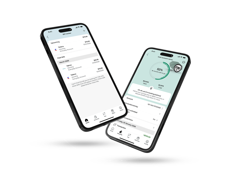 Two smartphones displaying ME Bank mobile banking app features and account information