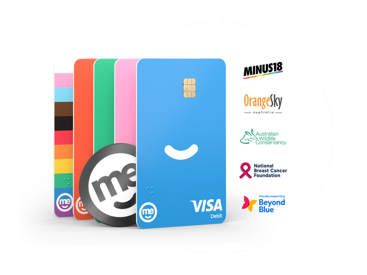 Range of ME Bank Visa debit cards highlighting community and charity partnerships