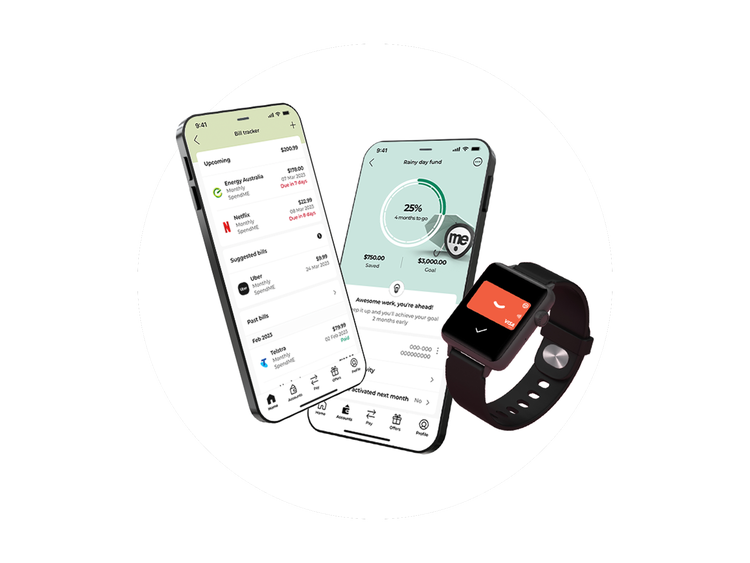 ME Bank mobile banking app displayed on smartphones alongside a smartwatch