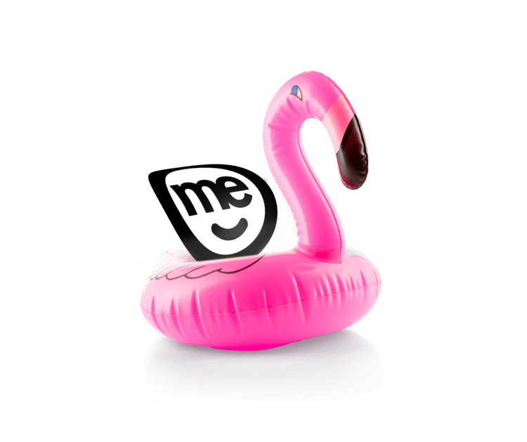 Pink inflatable flamingo float beside the ME Bank logo