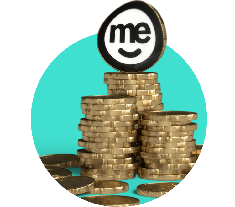 Stacks of gold-coloured coins with a token displaying the ME Bank logo on top