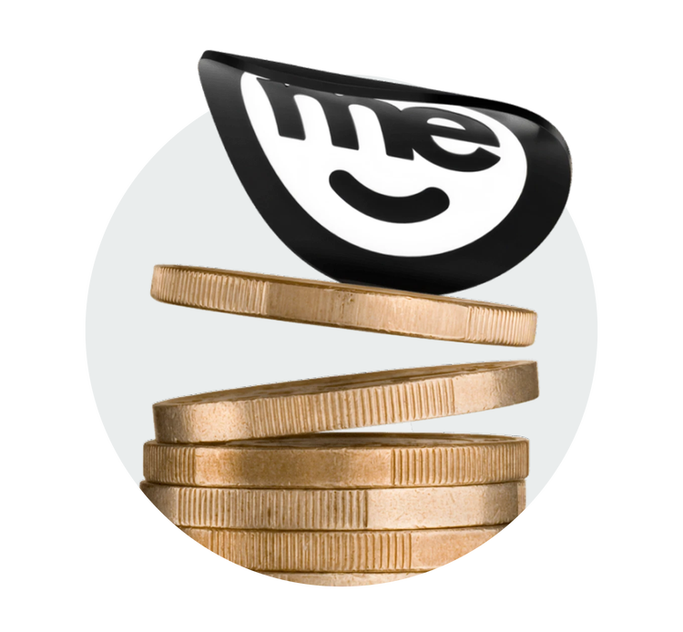 ME Bank logo balanced above a stack of gold coins