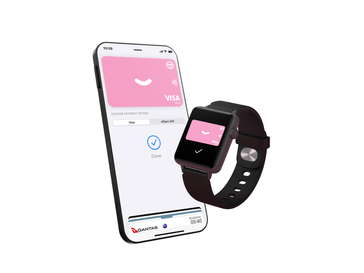 Smartphone and smartwatch displaying a ME Bank digital Visa card