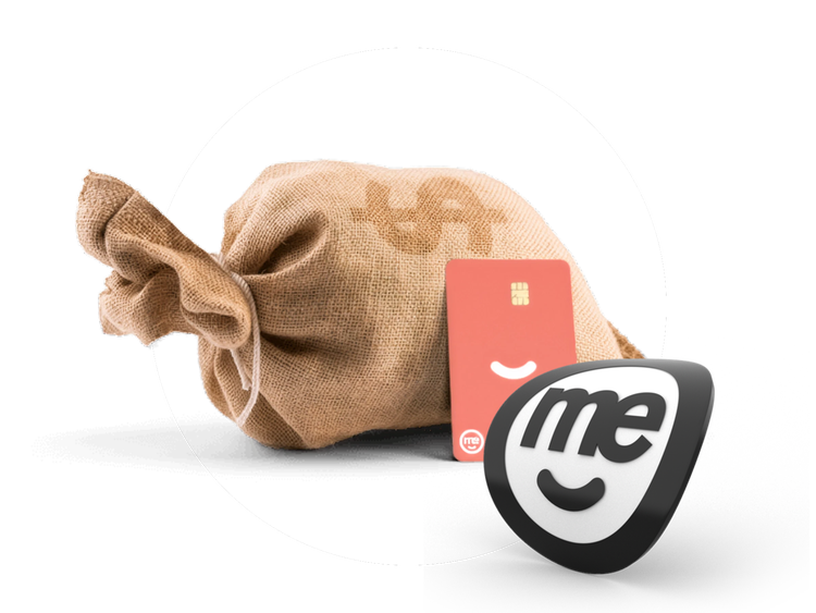 Money bag, ME Bank Visa debit card and ME Bank logo