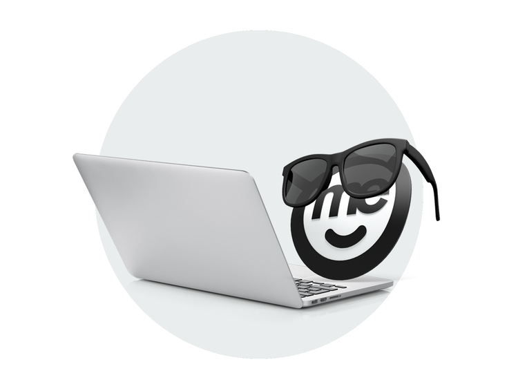 ME Bank logo wearing sunglasses behind a laptop