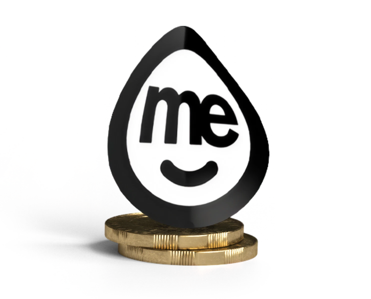 ME logo standing on stacked coins