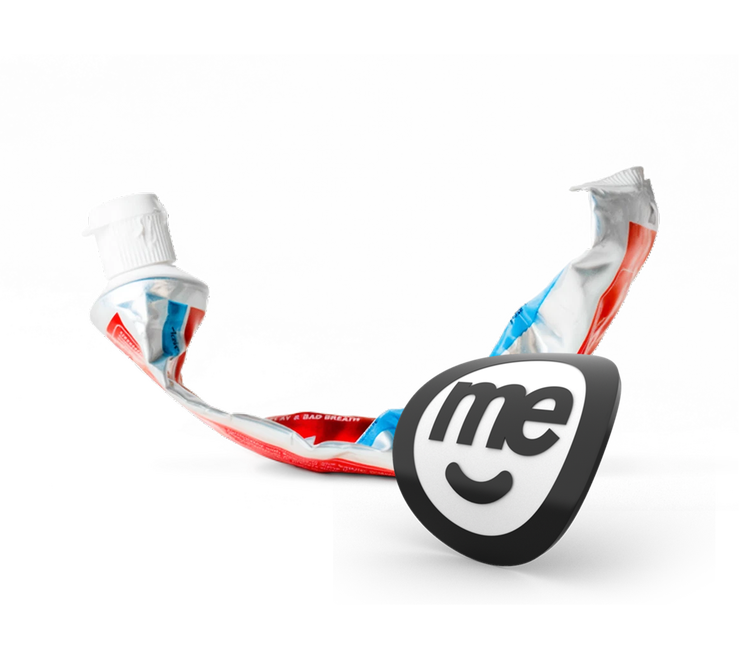 Squeezed tube of toothpaste beside ME logo
