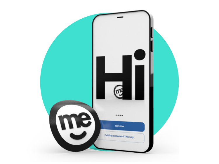 Smartphone displaying a ‘Hi’ welcome screen with ME app branding