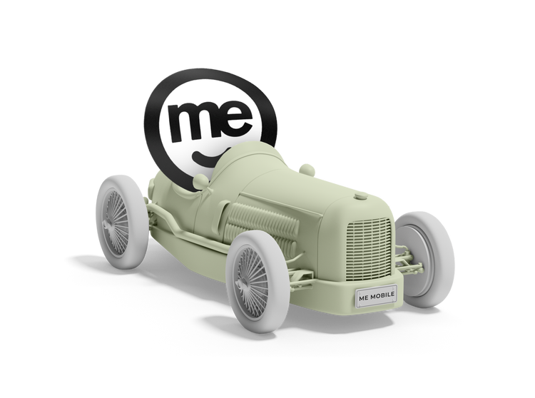 Vintage-style racing car with ME branding