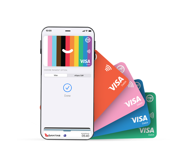 Smartphone displaying a digital ME Bank Visa card with physical debit cards behind it