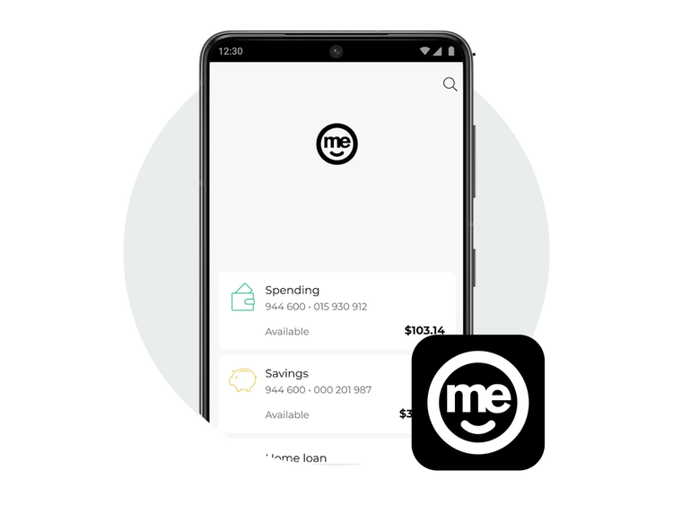 ME Bank mobile banking app displaying account balances on a smartphone