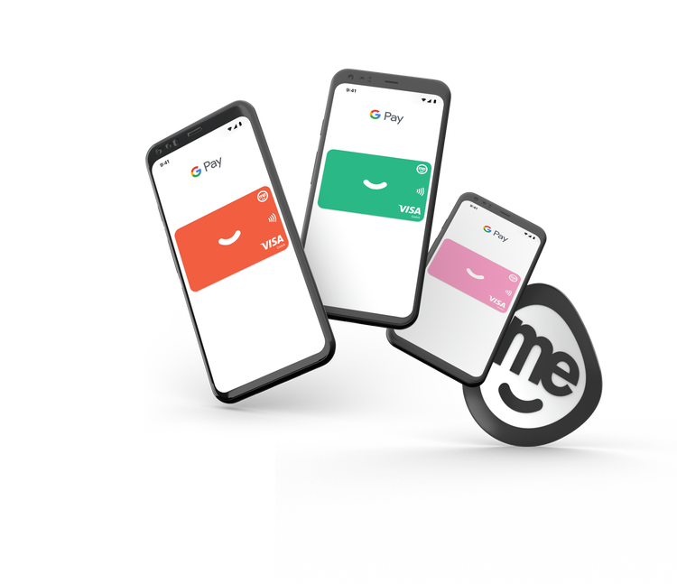 Multiple phones with a Google Pay screen displaying a ME Bank digital card and a ME Bank logo