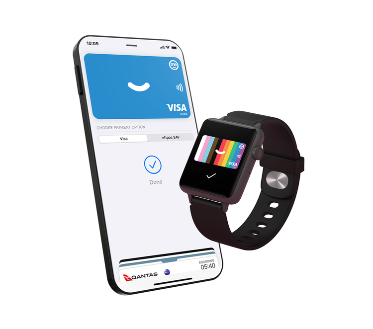 Blue ME Bank digital card on a phone and Rainbow digital card on a smart watch