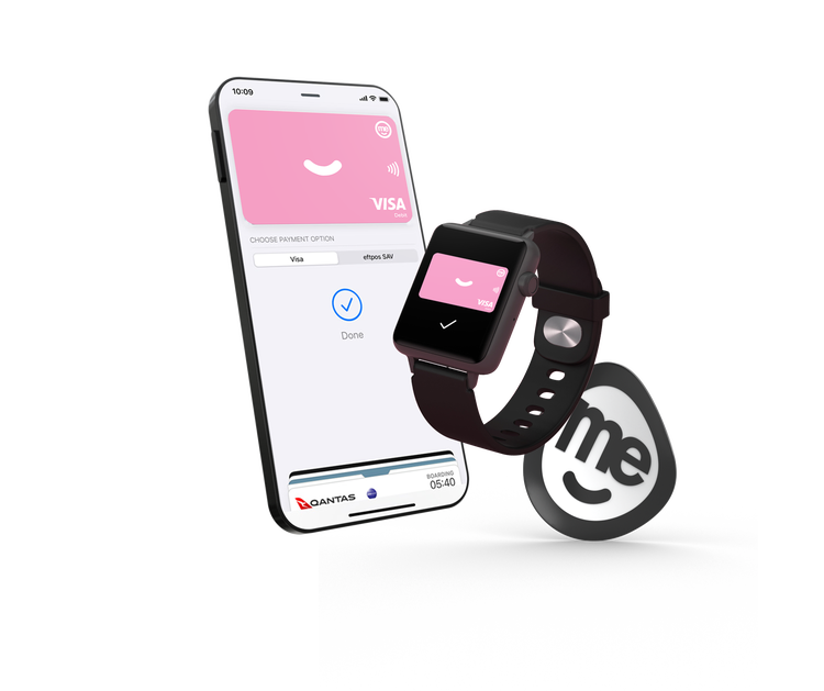 Pink ME Bank digital card on a phone and a smart watch