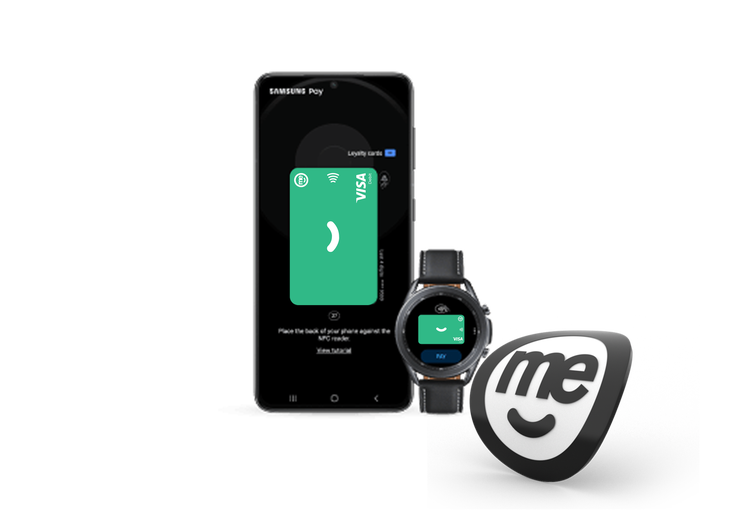 Samsung phone and smartwatch displaying a ME Visa card in Samsung Wallet for contactless payments.